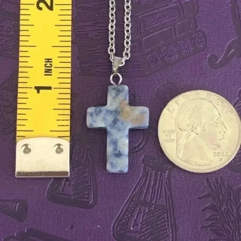 Sodalite Cross Natural Stainless Steel Necklace NWT